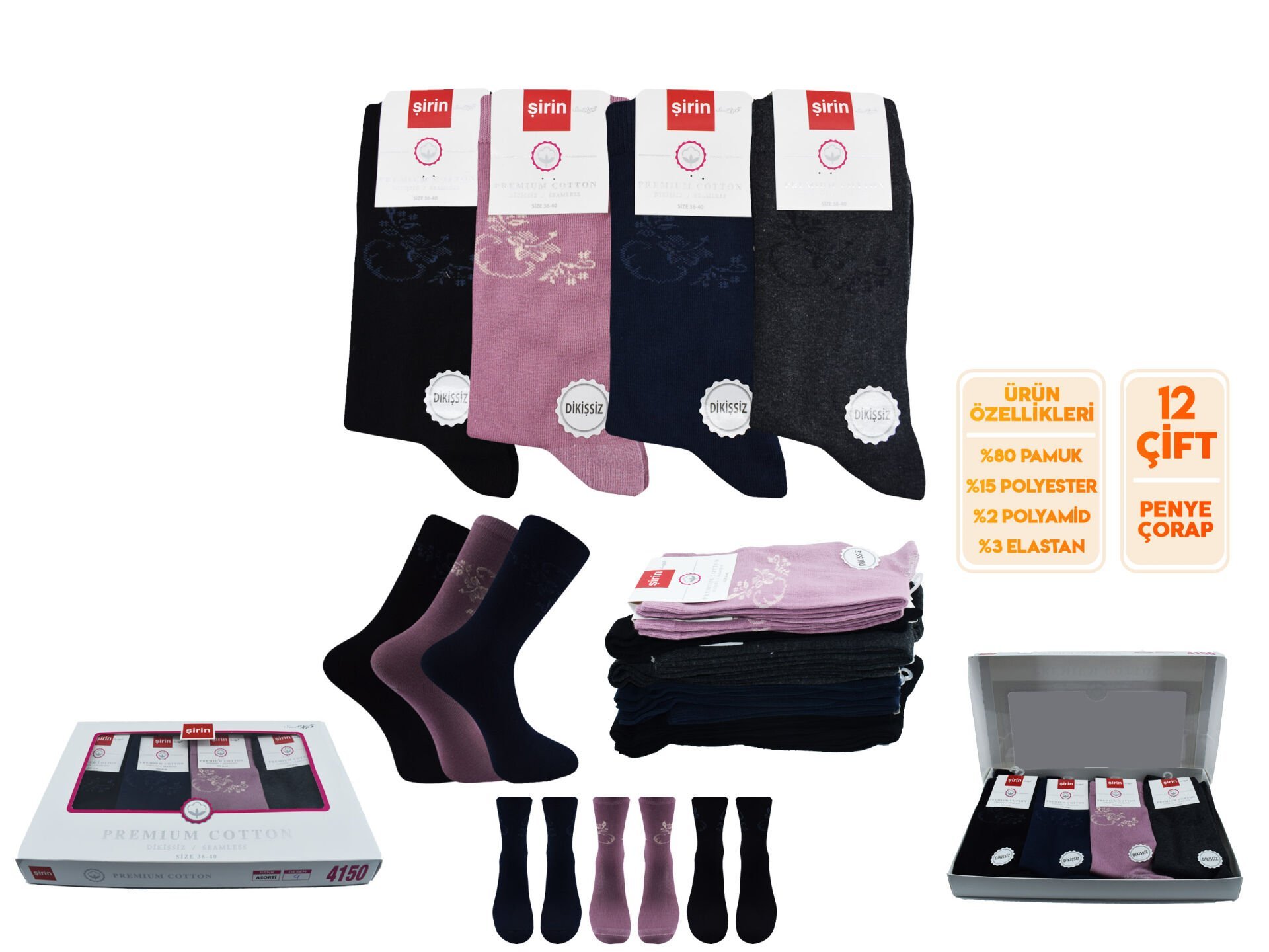 Şirin 4150-105 (36-40) Dikişsiz Bayan Penye Çorap 12'li