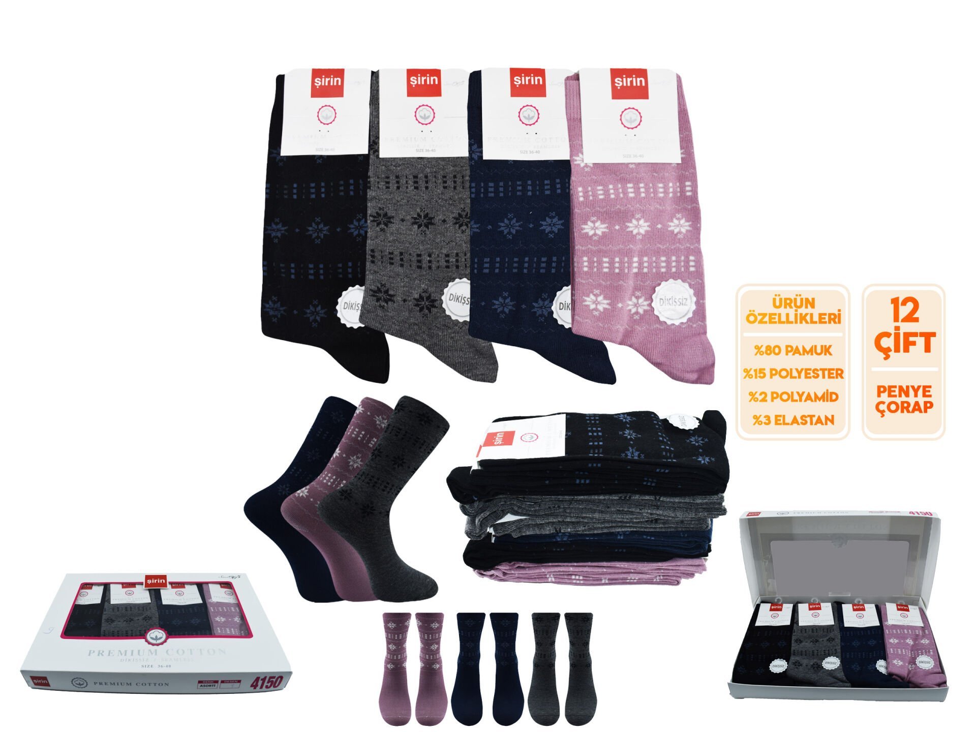Şirin 4150-107 (36-40) Dikişsiz Bayan Penye Çorap 12'li