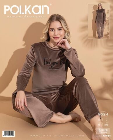 Polkan 9524 (M-L-XL-XXL) Kadife Uzun Kollu Bayan Pijama Takım 4'lü