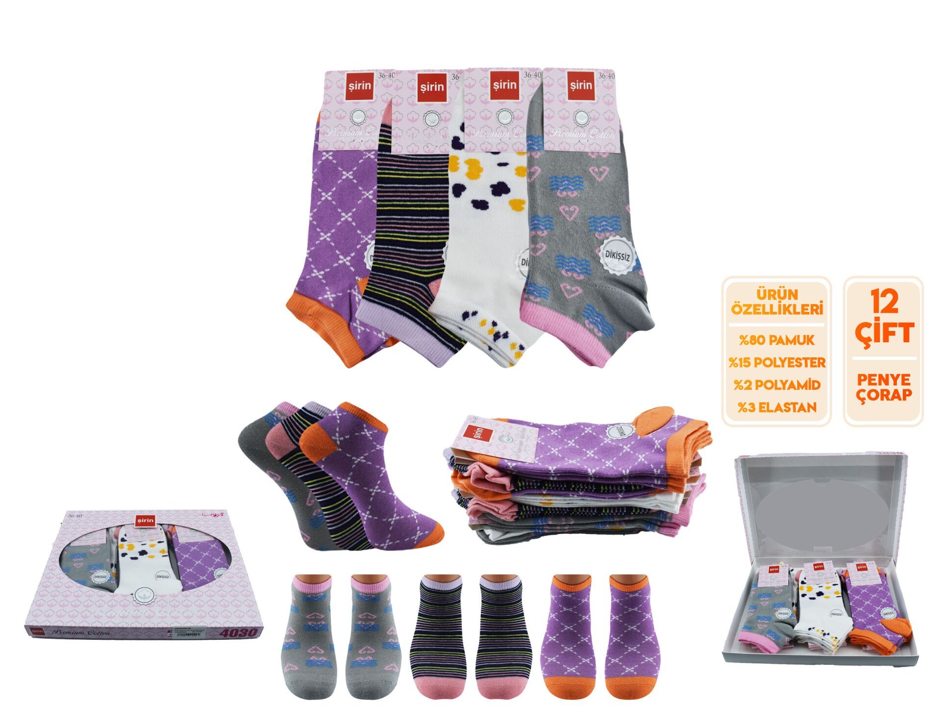Şirin 4030-58 (36-40) Dikişsiz Bayan Penye Patik Çorap 12'li