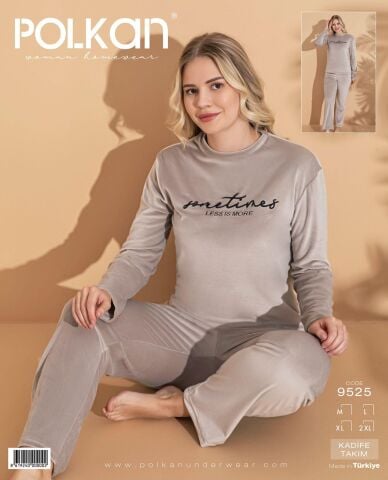 Polkan 9525 (M-L-XL-XXL) Kadife Uzun Kollu Bayan Pijama Takım 4'lü