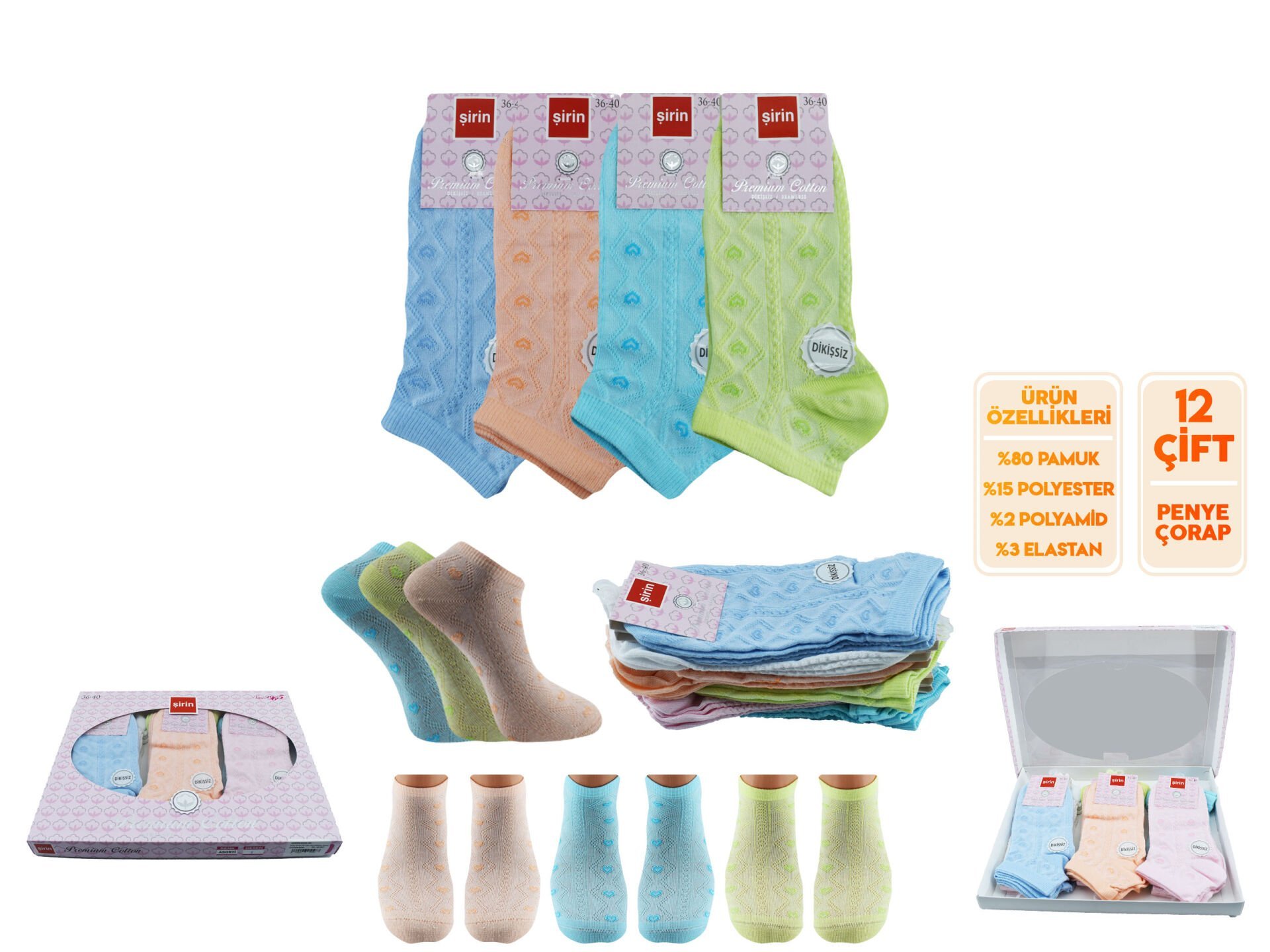Şirin 4030-50 (36-40) Dikişsiz Bayan Penye Patik Çorap 12'li